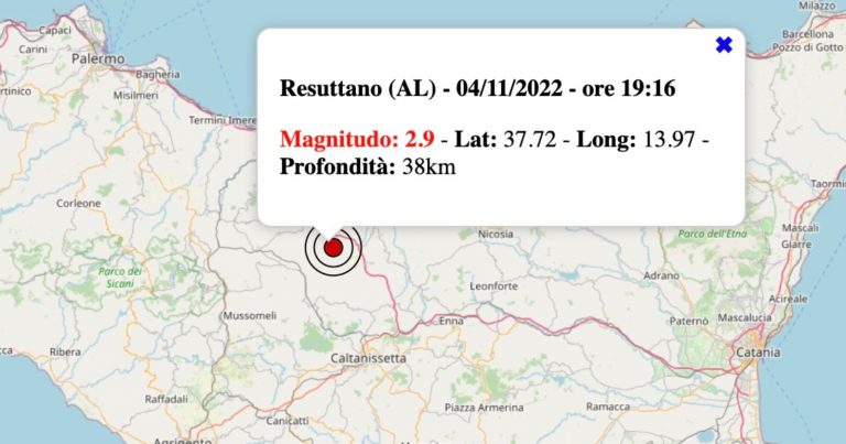 Terremoto oggi, venerdì 4 novembre 2022: scossa M 2.9 in provincia di Caltanissetta | Dati INGV