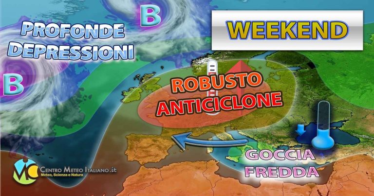 Meteo weekend – Anticiclone sull’Europa e goccia fredda verso l’Italia, in arrivo calo termico e maltempo