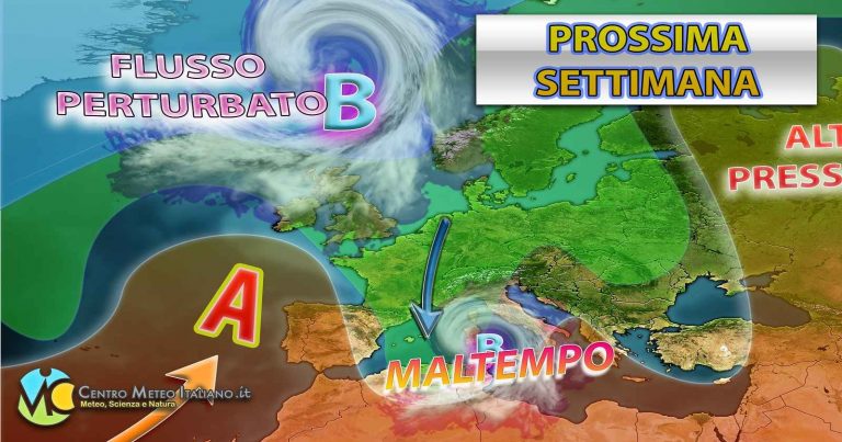 Meteo – Anticiclone ko, nuova ondata di maltempo per inizio settimana prossima, con piogge, temporali e possibili nubifragi