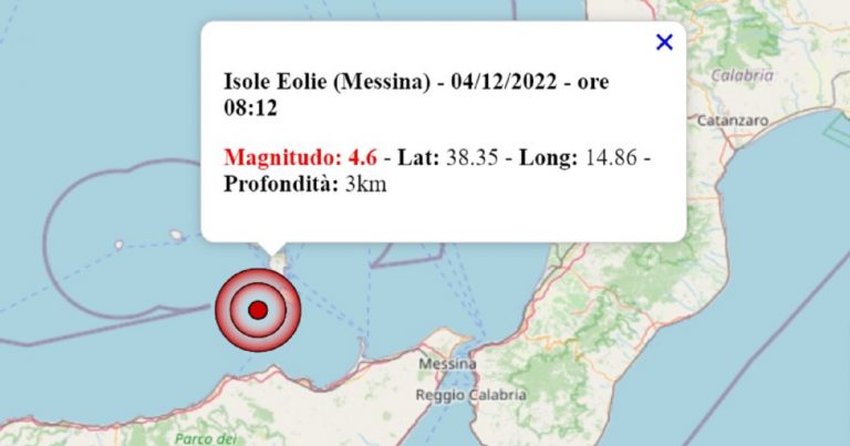 Terremoto oggi in Sicilia, domenica 4 dicembre 2022: scossa M 4.6 sulle Isole Eolie | Dati INGV