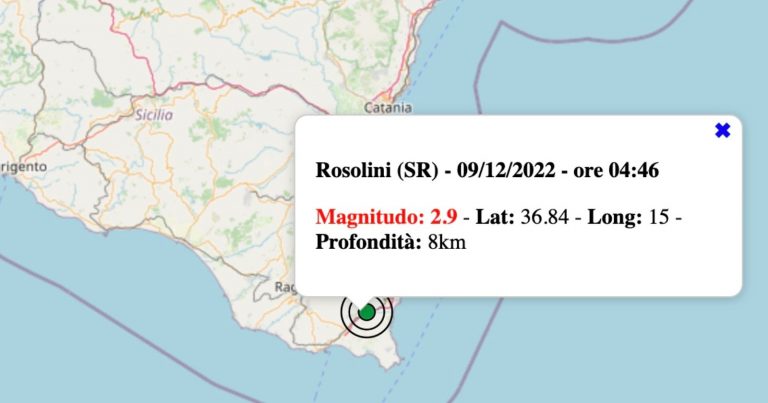 Terremoto in Sicilia oggi, venerdì 9 dicembre 2022: scossa M 2.9 in provincia di Siracusa | Dati INGV