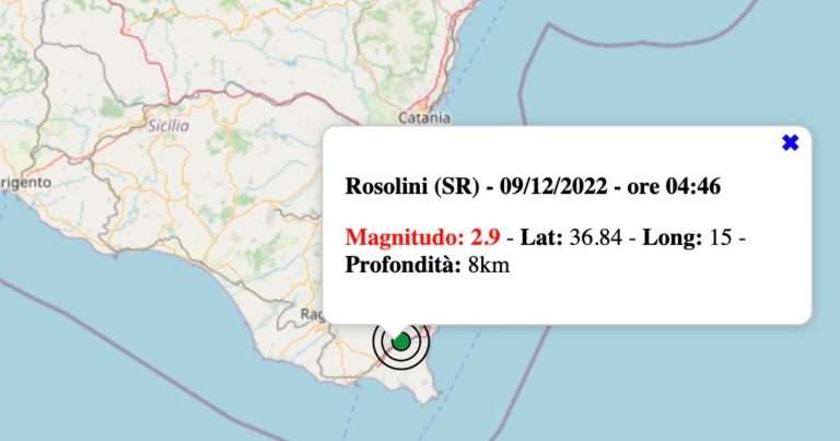 Terremoto in Sicilia oggi, venerdì 9 dicembre 2022: scossa M 2.9 in provincia di Siracusa | Dati INGV Terremoto in Sicilia oggi, venerdì 9 dicembre 2022: scossa M 2.9 in provincia di Siracusa | Dati INGV