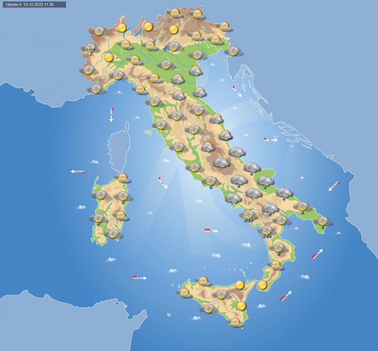 Meteo domani 14 dicembre: altro passaggio instabile sull’Italia con piogge soprattutto al Centro-Sud