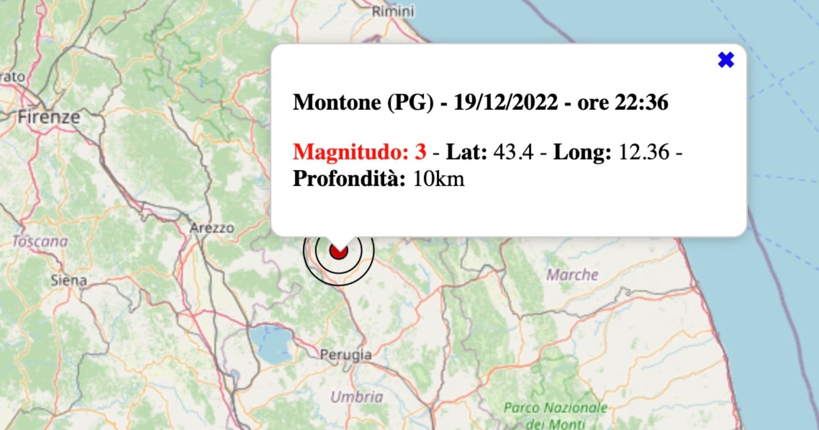 Terremoto in Umbria oggi, lunedì 19 dicembre 2022 scossa M 3.0 in