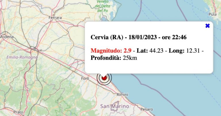 Terremoto in Emilia-Romagna oggi, mercoledì 18 gennaio 2023: scossa M 2.9 in provincia di Ravenna | Dati INGV