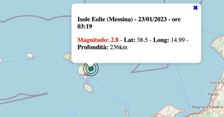 Terremoto in Sicilia oggi, lunedì 23 gennaio 2023: scossa M 2.8 Isole Eolie | Dati INGV