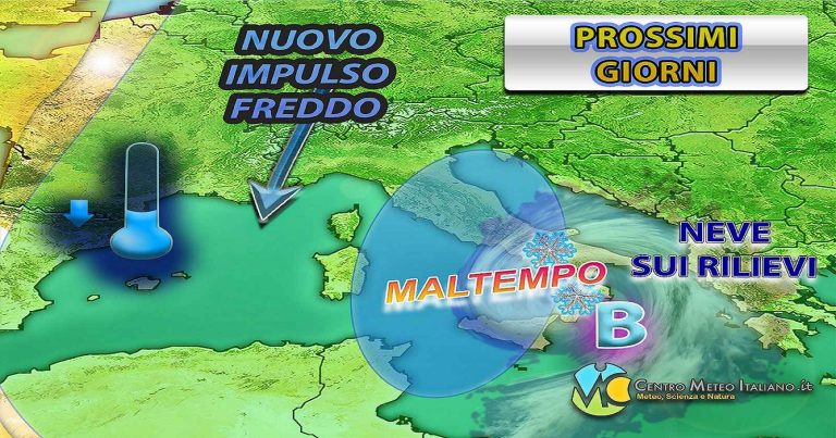 Meteo – Italia nel mirino di una circolazione depressionaria, con piogge e nevicate a quote relativamente basse frequenti: i dettagli