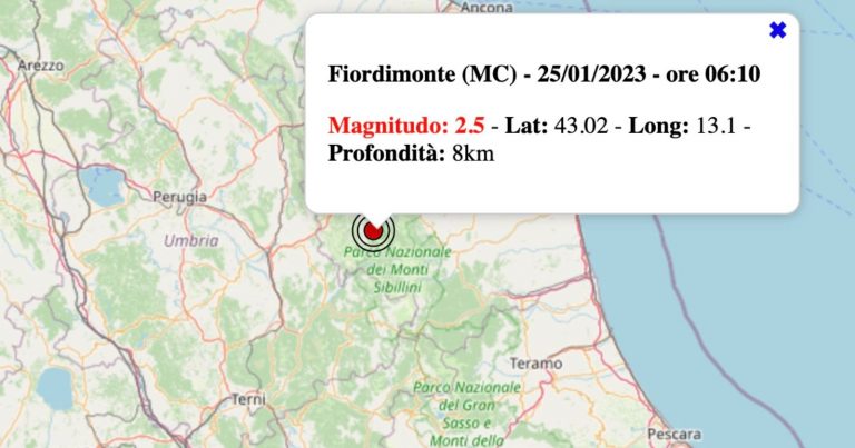 Terremoto nelle Marche oggi, mercoledì 25 gennaio 2023: scossa M 2.5 in provincia di Macerata | Dati INGV