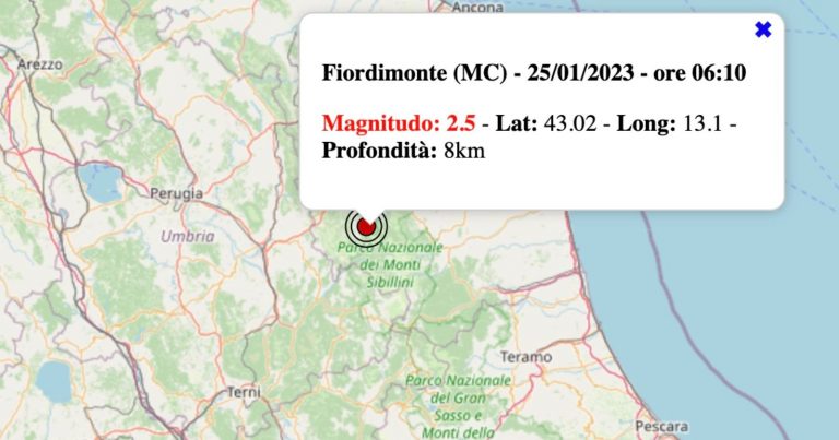 Terremoto nelle Marche oggi, mercoledì 25 gennaio 2023: scossa M 2.5 in provincia di Macerata | Dati INGV Terremoto nelle Marche oggi, mercoledì 25 gennaio 2023: scossa M 2.5 in provincia di Macerata | Dati INGV