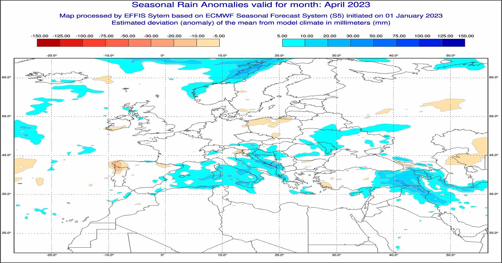 Anomalie di precipitazione previste dal modello ECMWF per Aprile 2023 - effis.jrc.ec.europa.eu