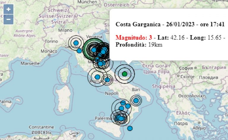 Terremoto oggi Puglia 26 gennaio 2023: scossa M 3.0 Costa Garganica