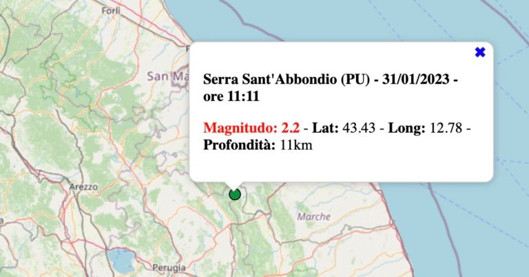 Terremoto nelle Marche oggi, martedì 31 gennaio 2023: scossa M 2.2 in provincia di Pesaro-Urbino | Dati INGV
