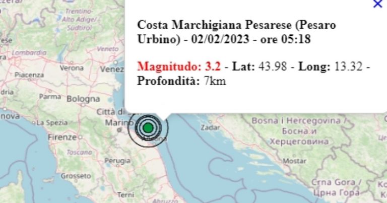Terremoto oggi nelle Marche, giovedì 2 febbraio 2023: scossa M 3.2 in provincia di Pesaro-Urbino – Dati Ingv Terremoto oggi nelle Marche, giovedì 2 febbraio 2023: scossa M 3.2 in provincia di Pesaro-Urbino – Dati Ingv