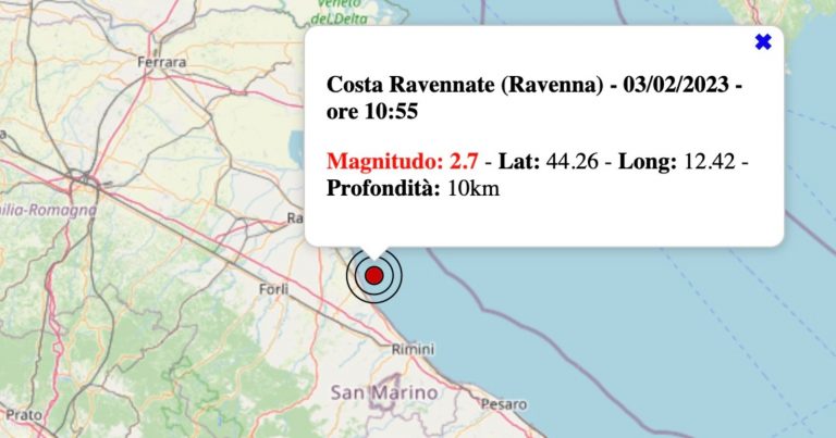 Terremoto in Emilia-Romagna oggi, venerdì 3 febbraio 2023: scossa M 2.7 Costa Ravennate | Dati INGV