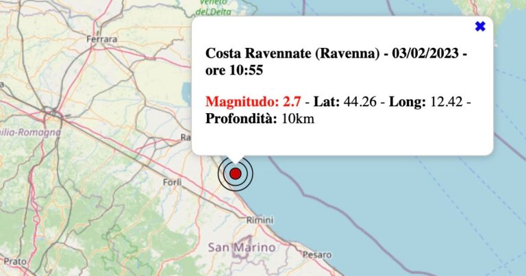 Terremoto in Emilia-Romagna oggi, venerdì 3 febbraio 2023: scossa M 2.7 Costa Ravennate | Dati INGV Terremoto in Emilia-Romagna oggi, venerdì 3 febbraio 2023: scossa M 2.7 Costa Ravennate | Dati INGV