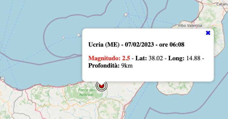 Terremoto in Sicilia oggi, martedì 7 febbraio 2023: scossa M 2.5 in provincia di Messina | Dati INGV Terremoto in Sicilia oggi, martedì 7 febbraio 2023: scossa M 2.5 in provincia di Messina | Dati INGV