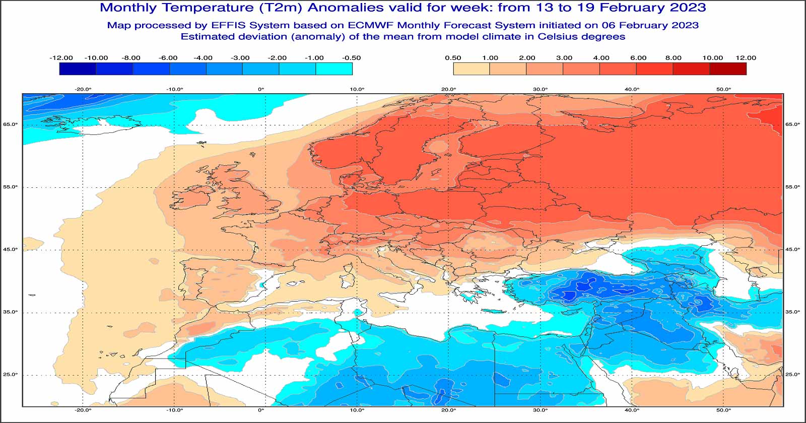 Anomalie di temperatura previste tra il 13 e il 19 febbraio - effis.jrc.ec.europa.eu