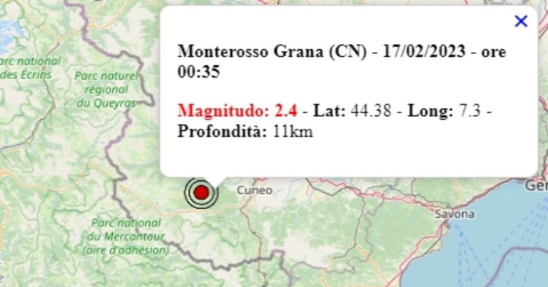 Terremoto oggi, venerdì 17 febbraio 2023, scossa di magnitudo 2.4 in Piemonte, in provincia di Cuneo – Dati Ingv