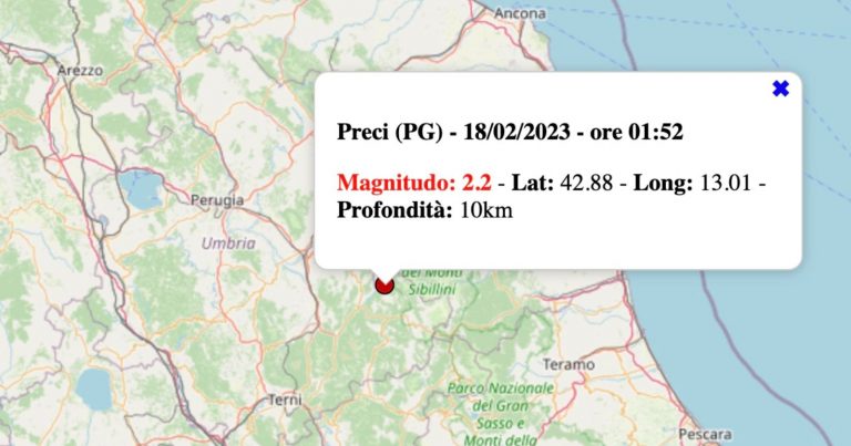 Terremoto in Umbria oggi, sabato 18 febbraio 2023: scossa M 2.2 in provincia di Perugia | Dati INGV