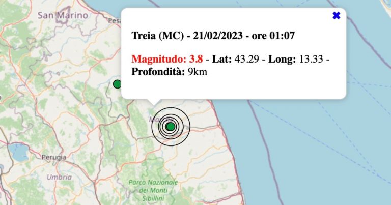 Terremoto nelle Marche oggi, martedì 21 febbraio 2023: scossa M 3.8 in provincia di Macerata | Dati INGV