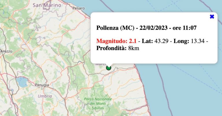 Terremoto nelle Marche oggi, mercoledì 22 febbraio 2023: scossa M 2.1 in provincia di Macerata | Dati INGV