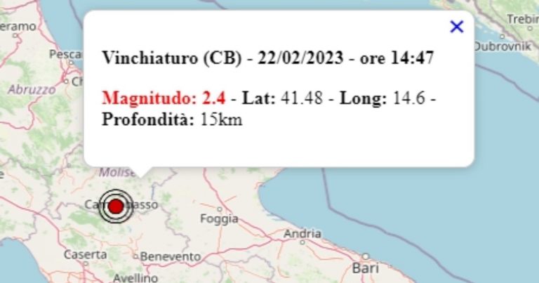 Terremoto oggi, mercoledì 22 febbraio 2023, scossa di magnitudo 2.4 in provincia di Campobasso – Dati Ingv Terremoto oggi, mercoledì 22 febbraio 2023, scossa di magnitudo 2.4 in provincia di Campobasso – Dati Ingv
