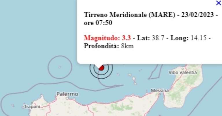 Terremoto in Italia oggi, giovedì 23 febbraio 2023, scossa di magnitudo 3.3 sul mar Tirreno – Dati Ingv Terremoto in Italia oggi, giovedì 23 febbraio 2023, scossa di magnitudo 3.3 sul mar Tirreno – Dati Ingv