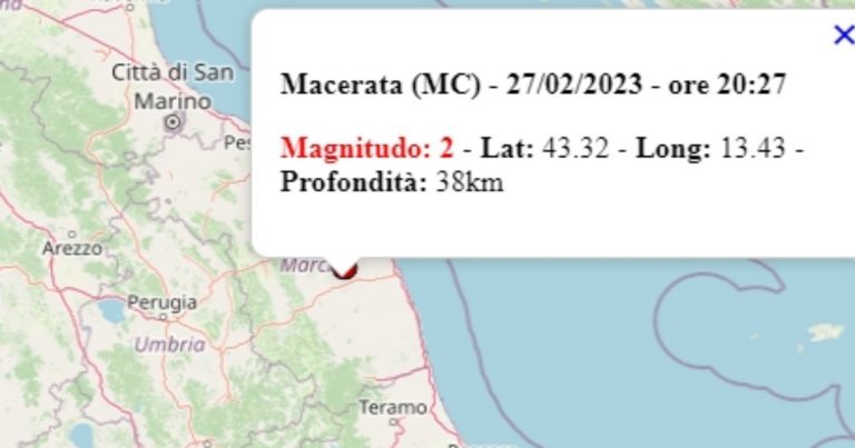 Terremoto nelle Marche oggi, lunedì 27 febbraio 2023, scossa di magnitudo 2.0 a Macerata – Dati Ingv Terremoto nelle Marche oggi, lunedì 27 febbraio 2023, scossa di magnitudo 2.0 a Macerata – Dati Ingv