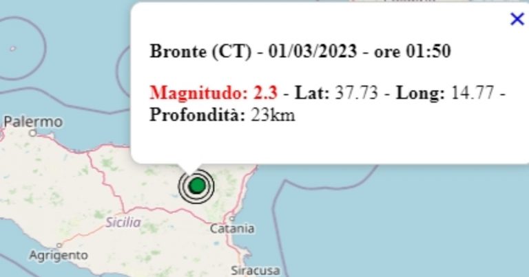 Terremoto in Sicilia oggi, mercoledì 1 marzo 2023, scossa M 2.3 in provincia di Catania – Dati Ingv