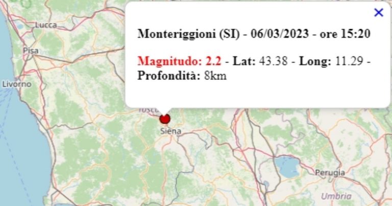 Terremoto in Toscana oggi, 6 marzo 2023, scossa M 2.2 in provincia di Siena – Dati Ingv