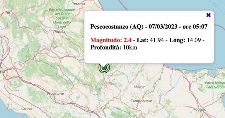 Terremoto in Abruzzo oggi, martedì 7 marzo 2023: scossa M 2.4 in provincia de L’Aquila | Dati INGV