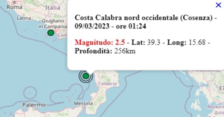Terremoto in Calabria oggi, giovedì 9 marzo 2023, scossa M 2.5 in provincia di Cosenza – Dati Ingv