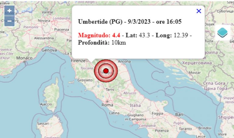 Terremoto Umbria oggi 9 marzo 2023: scossa M 4.4 in provincia di Perugia