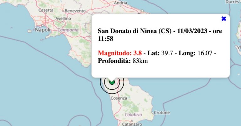 Terremoto in Calabria oggi, sabato 11 marzo 2023: forte scossa M 3.8 in provincia di Cosenza | Dati INGV