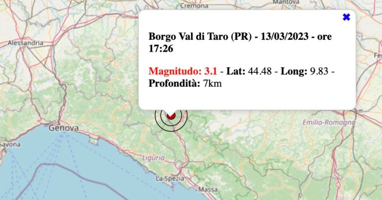 Terremoto in Emilia-Romagna oggi, lunedì 13 marzo 2023: scossa M 3.1 in provincia di Parma | Dati INGV