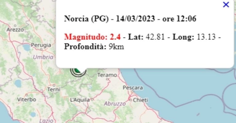 Terremoto in Umbria oggi, martedì 14 marzo 2023, scossa M 2.4 in provincia di Perugia – Dati Ingv