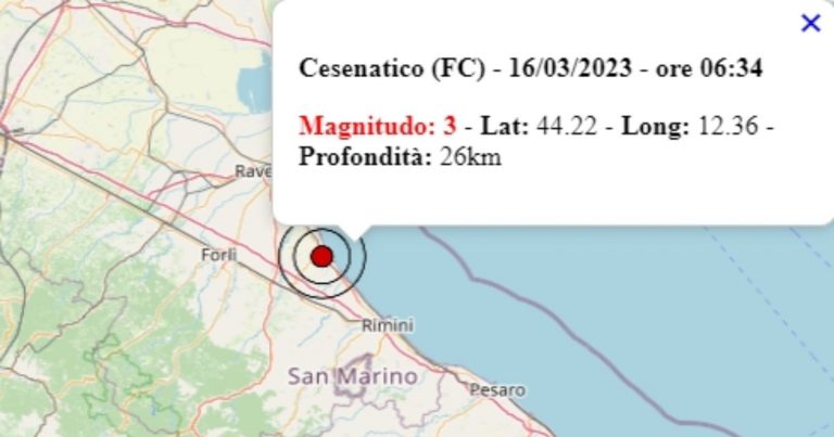 Terremoto in Emilia Romagna oggi, giovedì 16 marzo 2023, scossa M 3.0 a Cesenatico (FC) – Dati Ingv