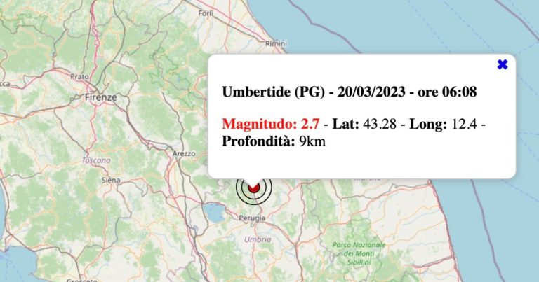 Terremoto in Umbria oggi, lunedì 20 marzo 2023: scossa M 2.7 in provincia di Perugia | Dati INGV