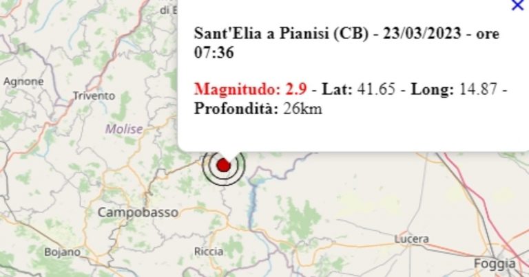 Terremoto in Molise oggi, giovedì 23 marzo 2023, scossa M 2.9 in provincia di Campobasso – Dati Ingv