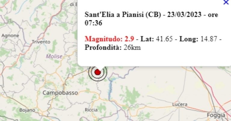 Terremoto in Molise oggi, giovedì 23 marzo 2023, scossa M 2.9 in provincia di Campobasso – Dati Ingv Terremoto in Molise oggi, giovedì 23 marzo 2023, scossa M 2.9 in provincia di Campobasso – Dati Ingv