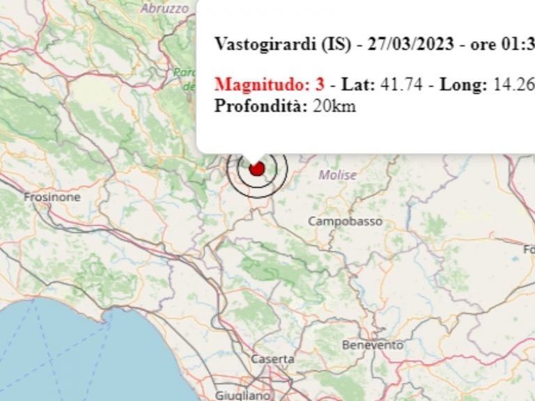 Terremoto in Molise oggi, lunedì 27 marzo 2023, scossa M 3.0 in provincia di Isernia – Dati Ingv