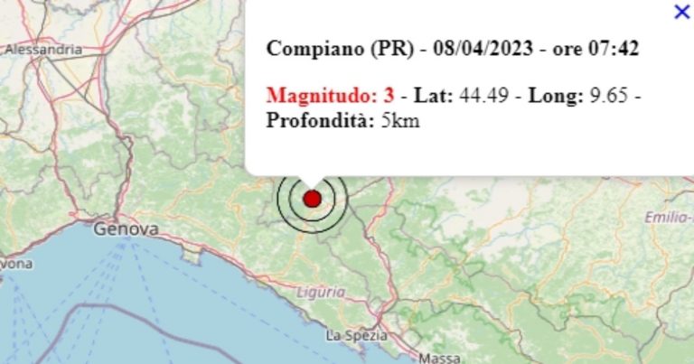 Terremoto in Emilia-Romagna oggi, sabato 8 aprile 2023: scossa M 3.0 in provincia di Parma | Dati INGV