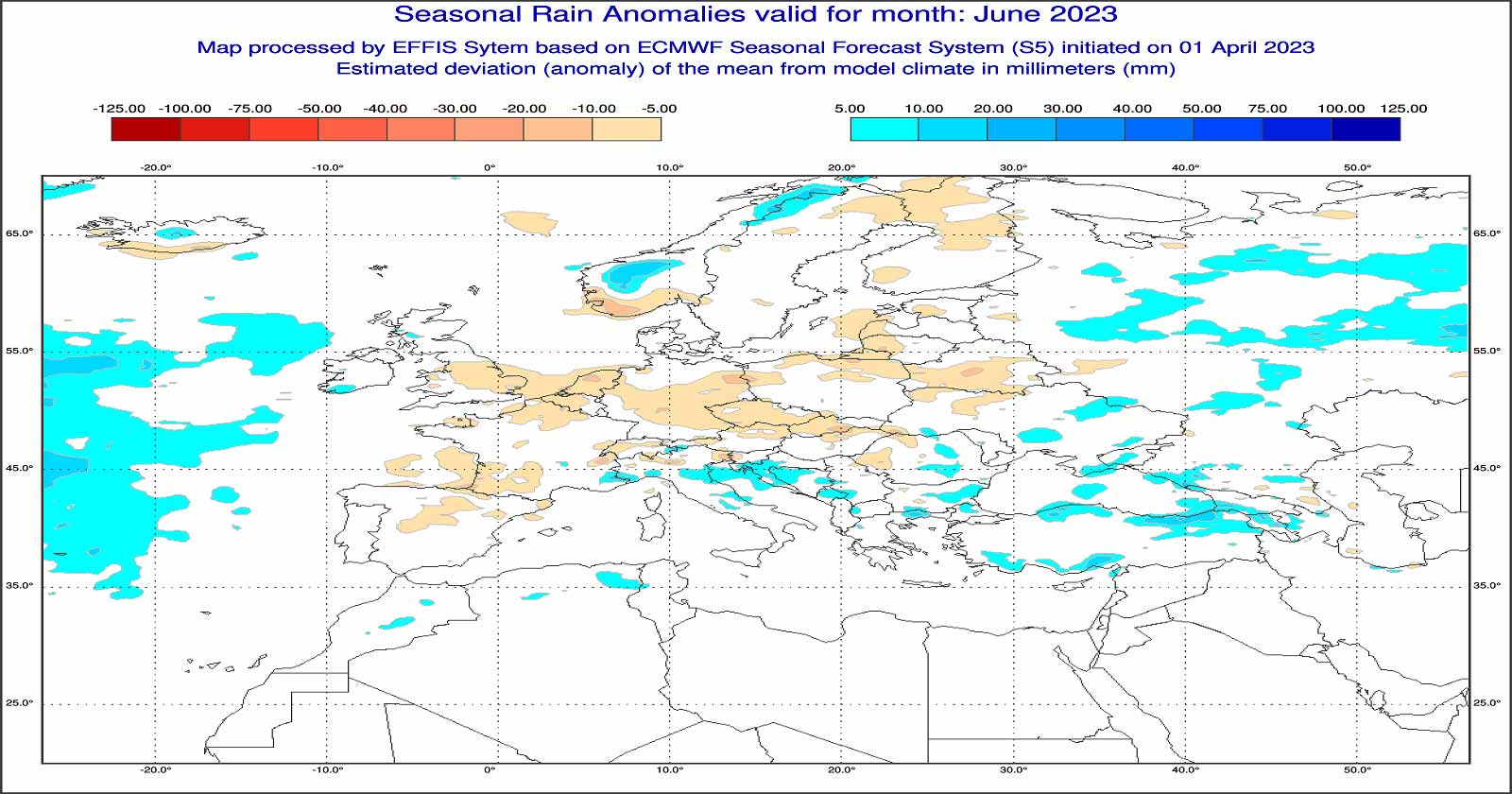 Anomalie di precipitazione previste dal modello ECMWF per Giugno 2023 - effis.jrc.ec.europa.eu
