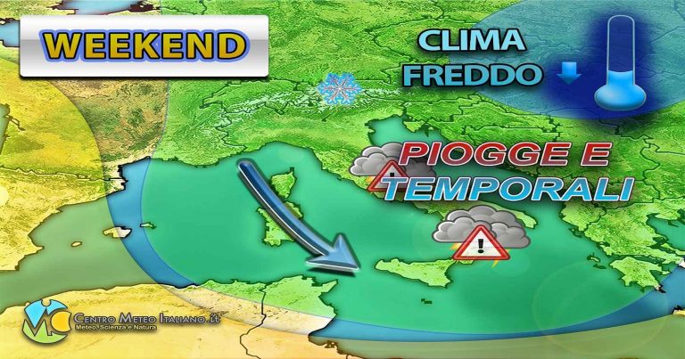 Meteo weekend – Ancora maltempo in Italia con piogge, temporali e neve sui rilievi, possibili locali nubifragi