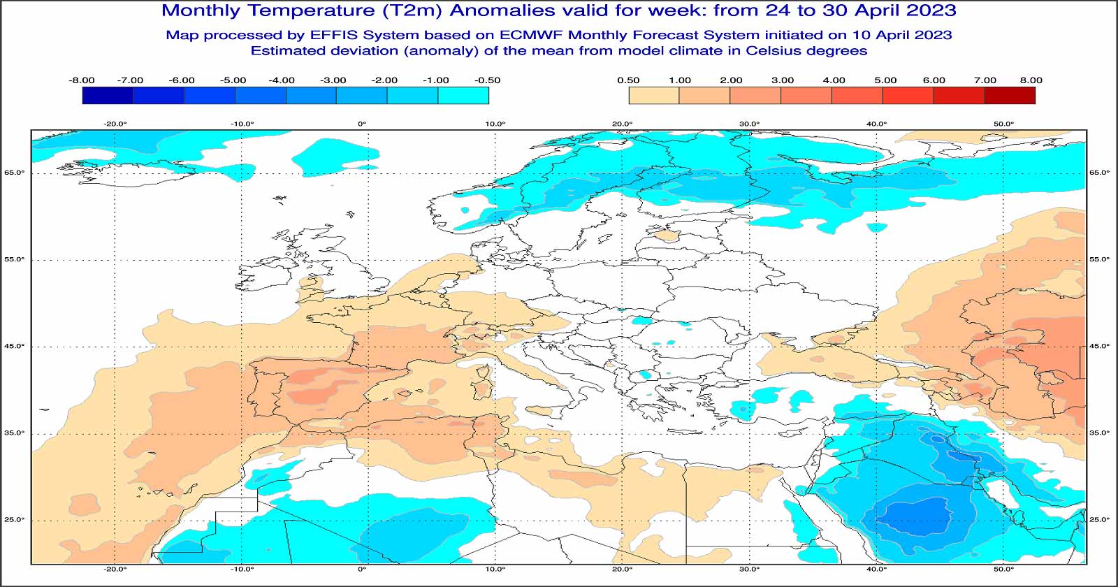 Anomalie di temperatura previste tra il 23 e il 30 aprile - effis.jrc.ec.europa.eu