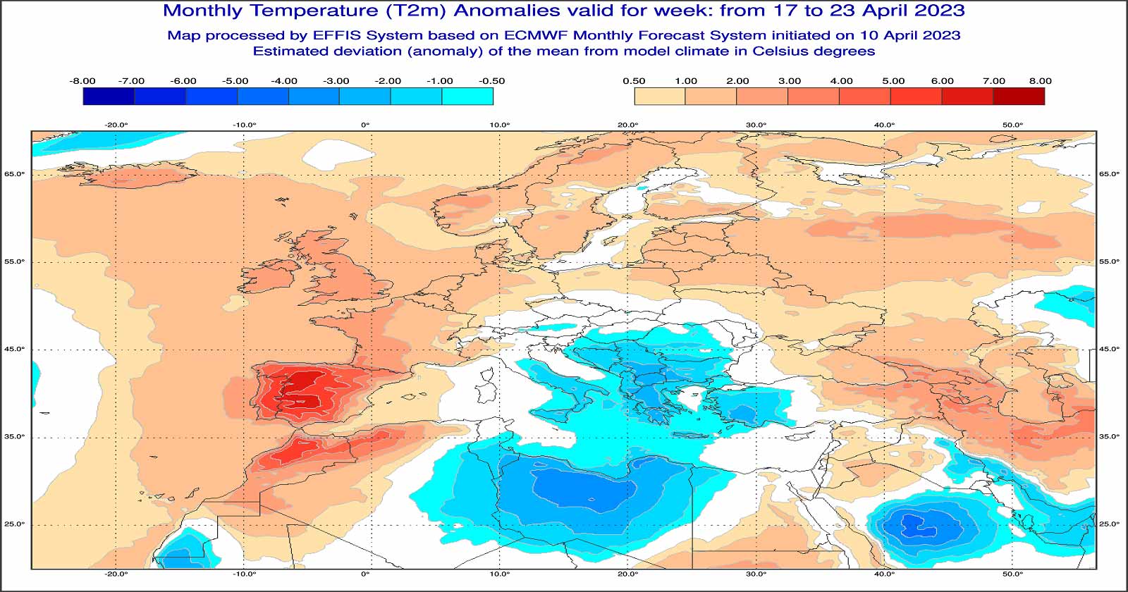 Anomalie di temperatura previste tra il 17 e il 23 aprile - effis.jrc.ec.europa.eu