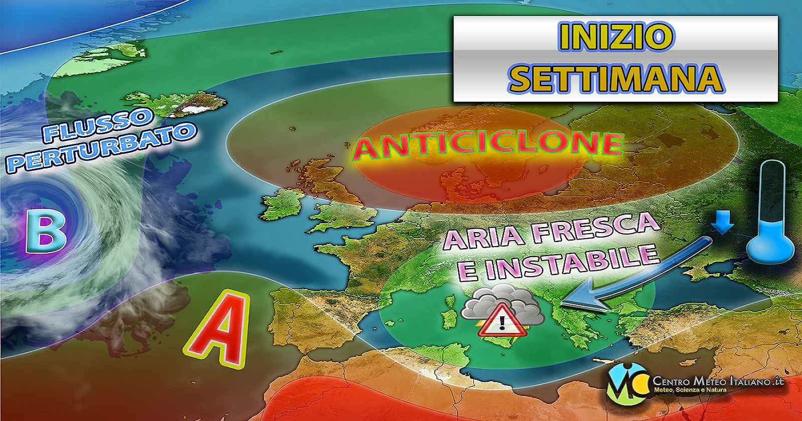 Alta pressione verso nord e circolazione instabile sul Mediterraneo