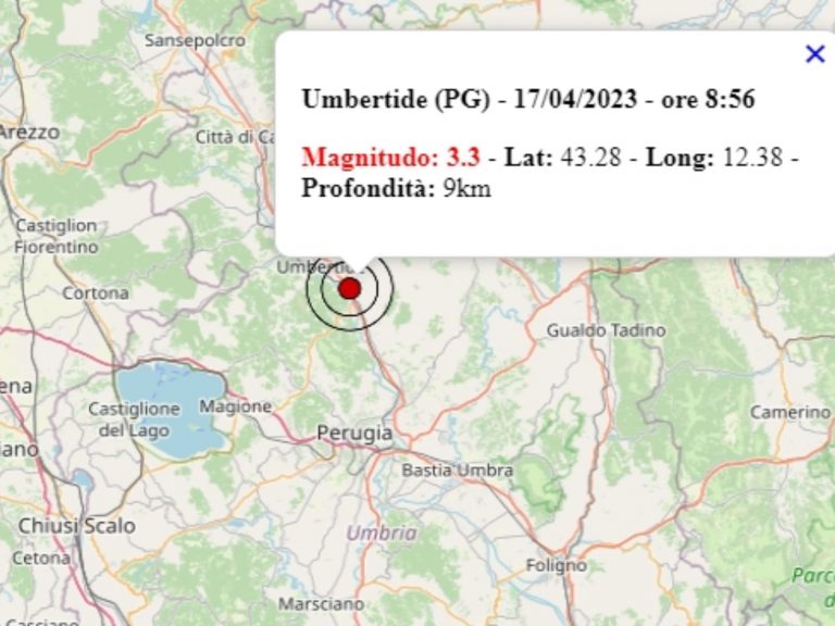Terremoto in Umbria oggi, lunedì 17 aprile 2023, scossa M 3.3 avvertita in provincia di Perugia – Dati Ingv