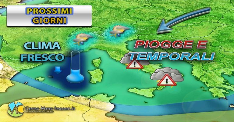 Meteo – Settimana instabile in Italia con acquazzoni e temporali anche intensi, specie nelle ore pomeridiane