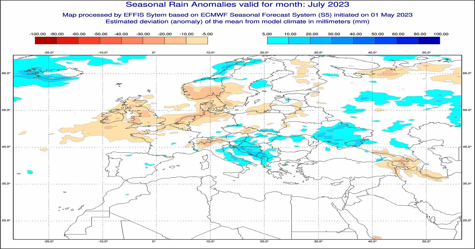 Anomalie di precipitazione previste dal modello ECMWF per Luglio 2023 - effis.jrc.ec.europa.eu